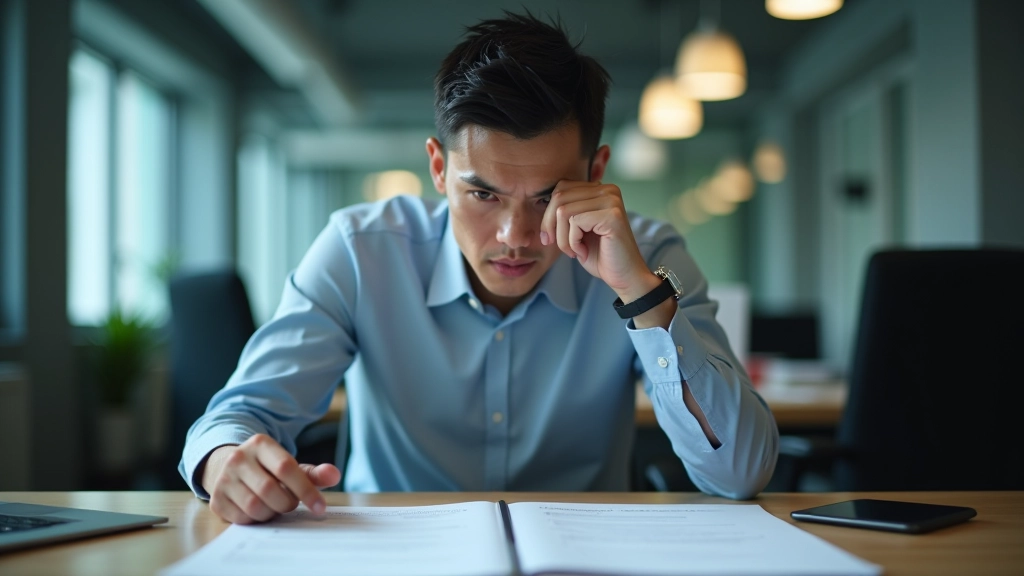 Person managing urgent deadlines at computer, papers and notes on desk, focused intense expression, bright office lighting