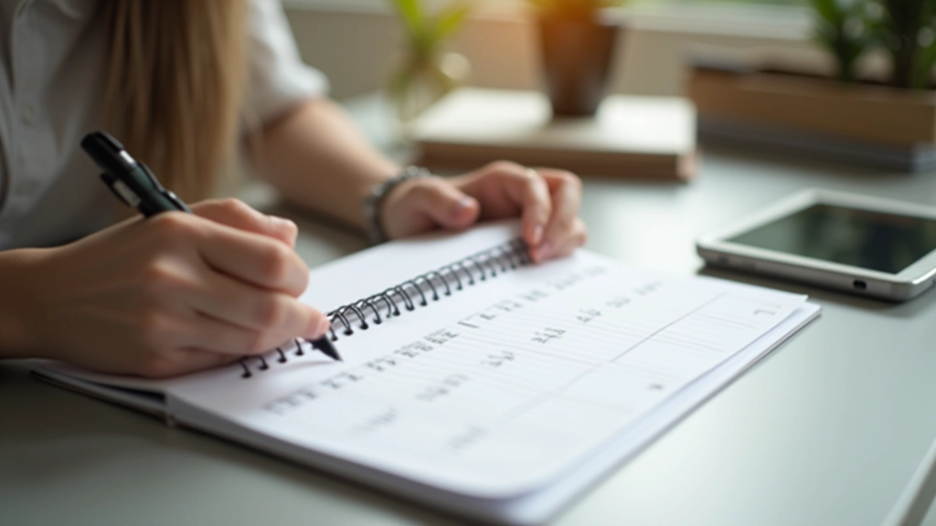 Person planning their day with time blocks in a notebook, natural morning light, organized desk with planner and pen