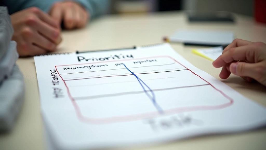 Priority matrix diagram on paper with urgent and important task categories